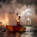 Big water show in Monterrey Mexico with actors, fireworks and music
