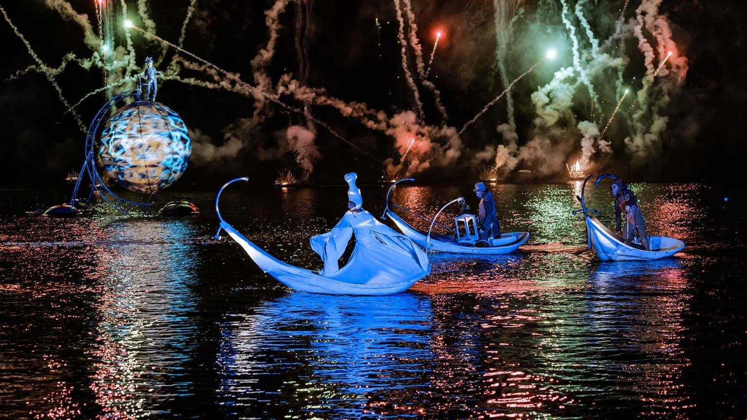 During the water show the Extraordinary Journey, performers riding their floating machine.